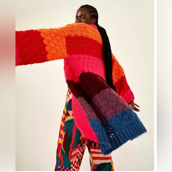FARM Rio Sweaters - FARM Rio Multi Color Crochet Cardigan, wool blend, oversized, pink,red,orange